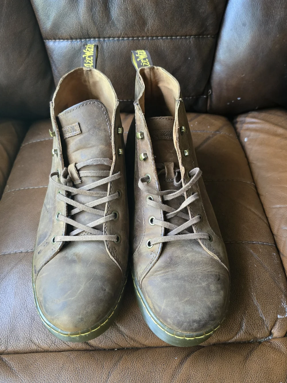 Dr. Martens Brown Leather Chukka Boots with Yellow Stitching